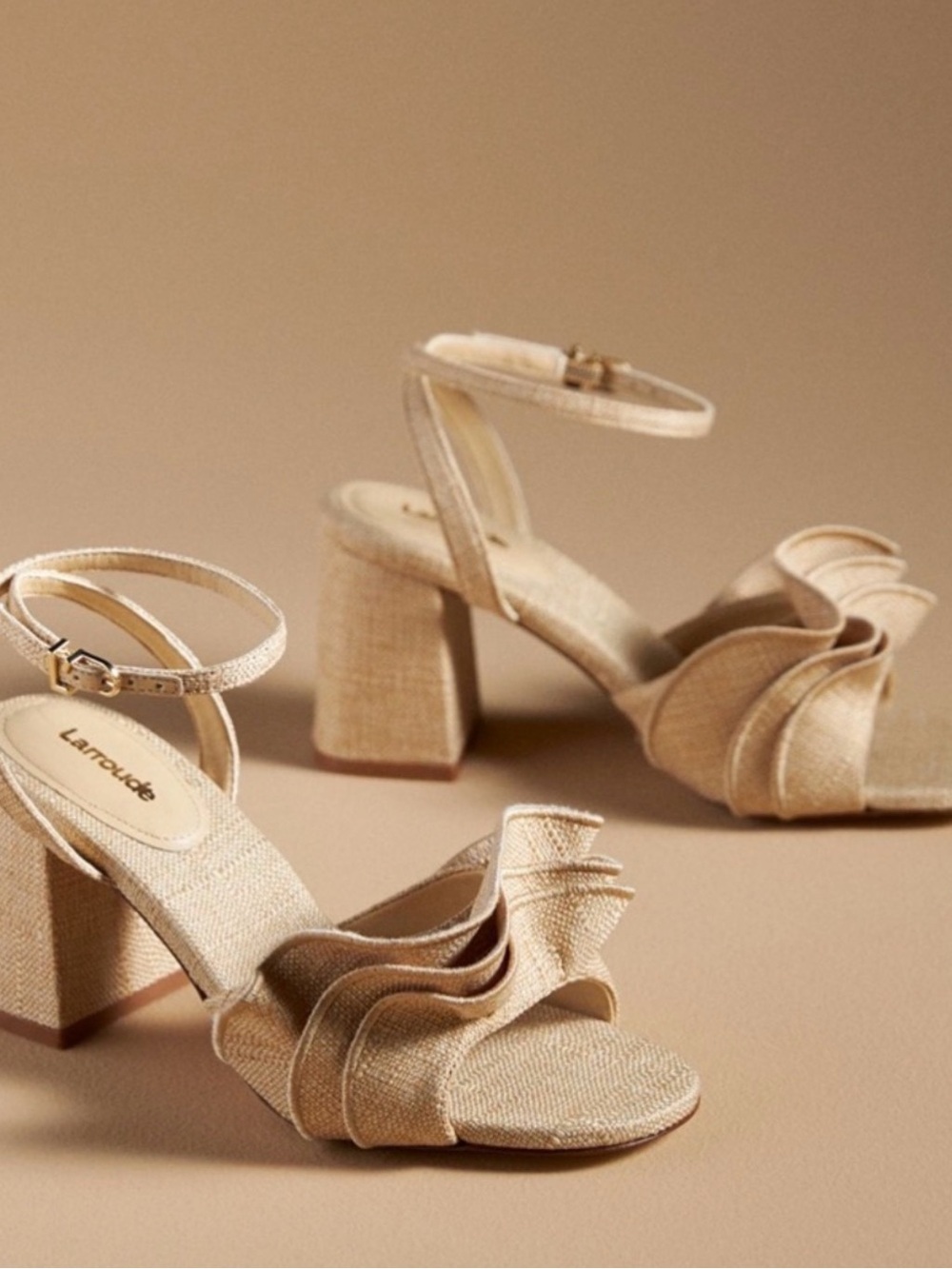 Larroude Womens Selena Ruffle Sandal Ankle Buckle Block Heel NIB